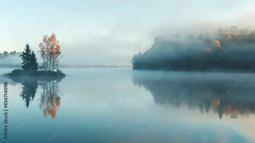 Misty Morning Lake A calm lake surrounded by trees and enveloped in early morning mist Misty Morning Lake A calm lake surrounded by trees and enveloped in early morning mist