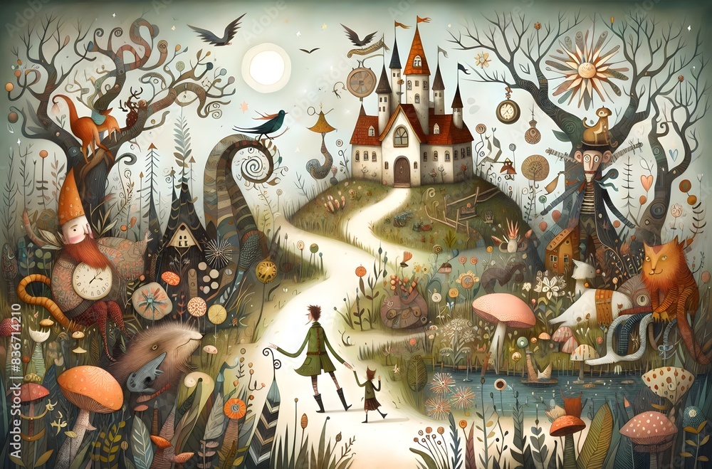 Fototapeta premium Ilustración infantil. ilustración cuento de hada, hada bosque encantado, príncipe, princesa, reino mágico, mundo de nunca jamás, fantasía, amor, magico, reimo, castillo, palacio, unicornio, caballo