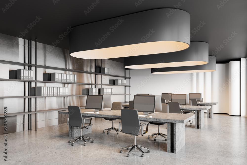 Grey coworking interior with workspace and shelf with folders Stock ...