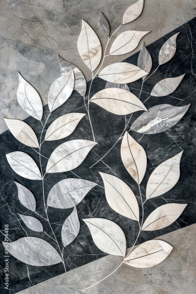 Fototapeta premium Abstract gray and white marble leaves and granite tiles