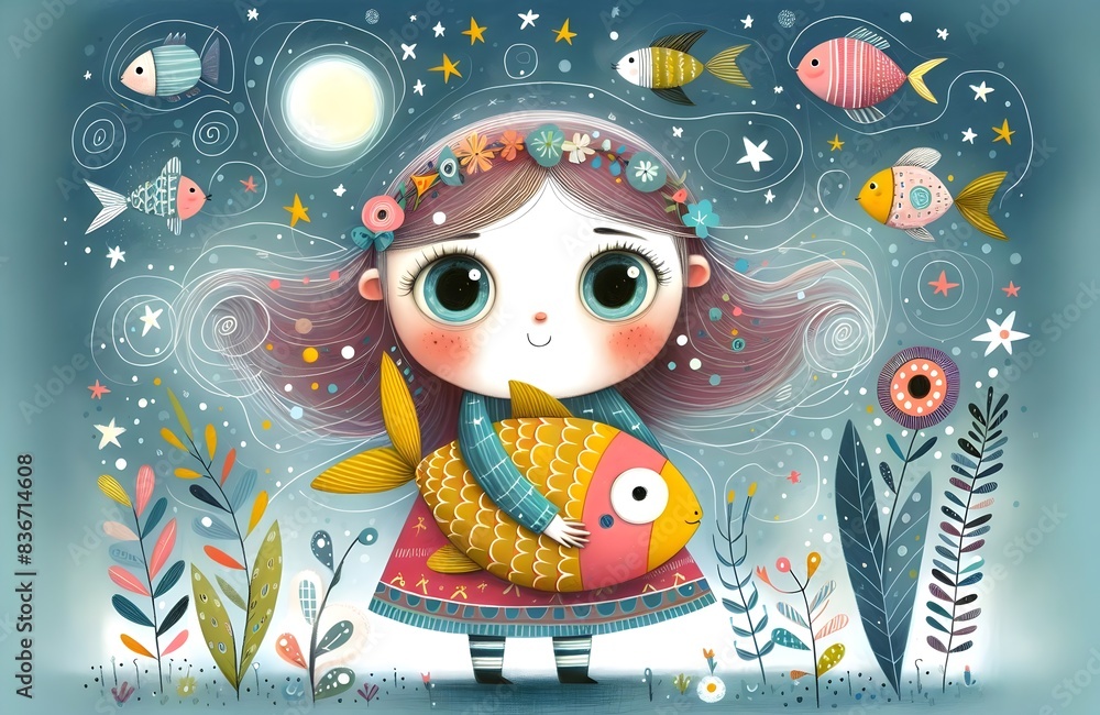Obraz premium Ilustración infantil, cuento de hadas, la niña y su extraña mascota, pez, pez rojo, ilustración surrealista, saludo, tarjeta, wallpaper, arte, decoración, lámina para cuadro, niña, fantasía sueño