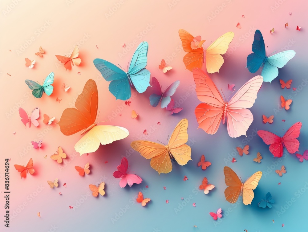 A group of paper butterflies in various pastel shades of color flutter against a backdrop of a pink and blue gradient. A group of paper butterflies in various pastel shades of color flutter against a backdrop of a pink and blue gradient.