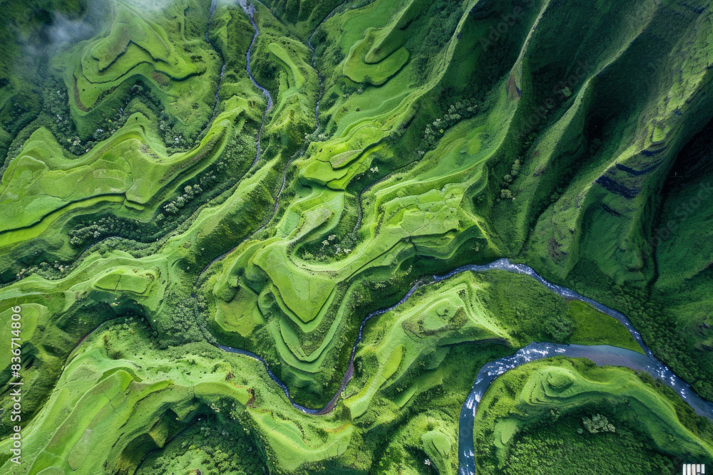 Obraz premium A stunning aerial view of verdant hills and a meandering river in Kauai, Hawaii