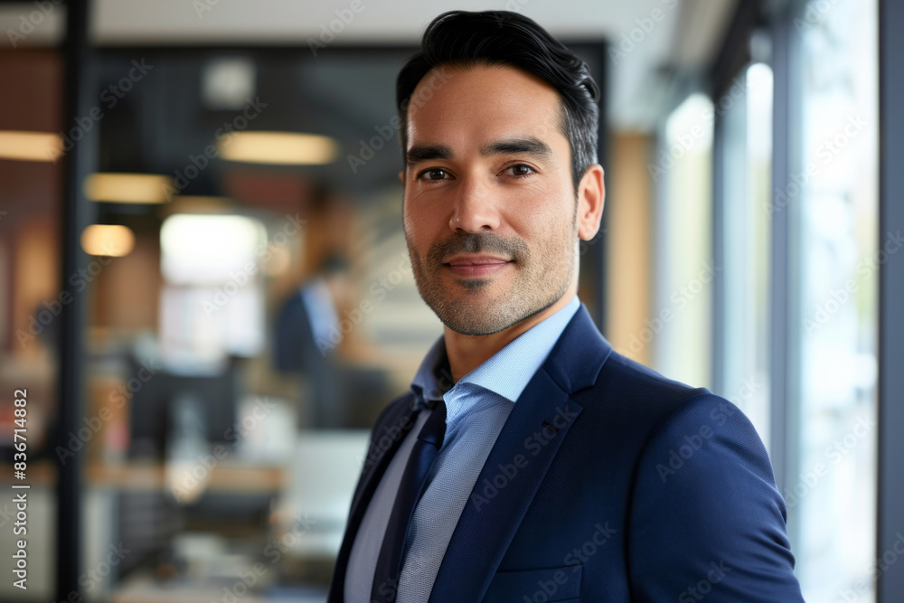 A professional man in a blue suit smiles confidently in an office setting A professional man in a blue suit smiles confidently in an office setting