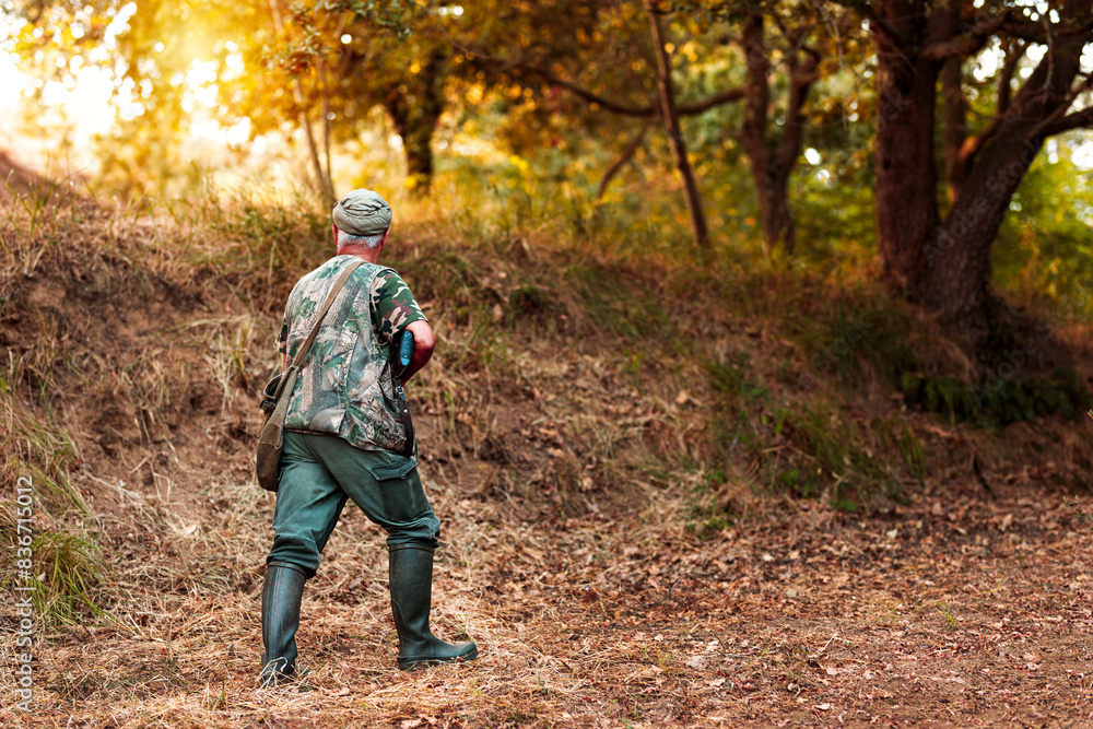 Mature male hunter with a camouflage outfit and a rifle in a forest Mature male hunter with a camouflage outfit and a rifle in a forest