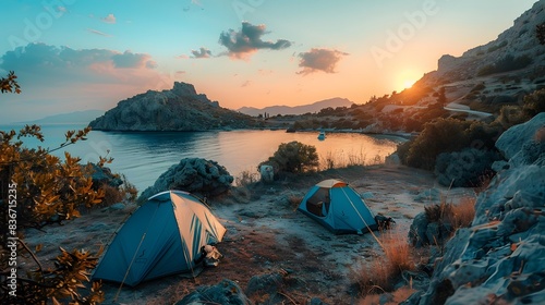 A picturesque camping site in nature with tents  On the beach  generated by AI