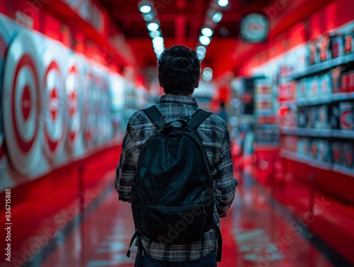 Man in plaid shirt backpack walking aisle target store