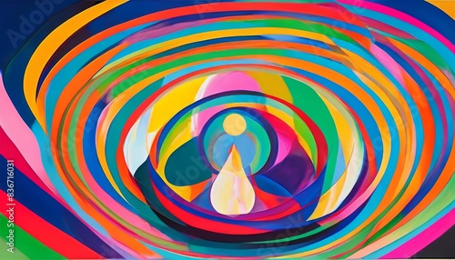 Vibrant digital artwork featuring a mesmerizing swirl of colorful bands radiating around a central figure in soothing tones, ideal for modern designs.. AI Generation