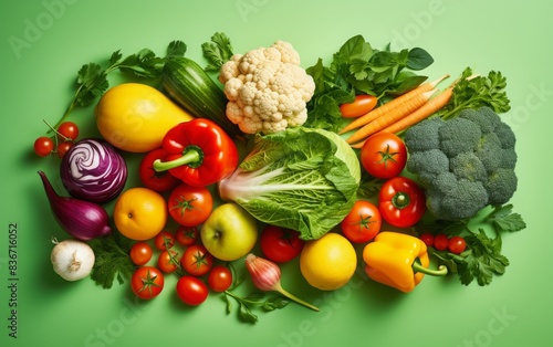 Fresh fruits and vegetables and green background  healthy diet concept