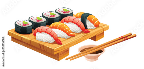 Illustration of sushi platter with various nigiri and maki rolls. Japanese food vector isolated on white background