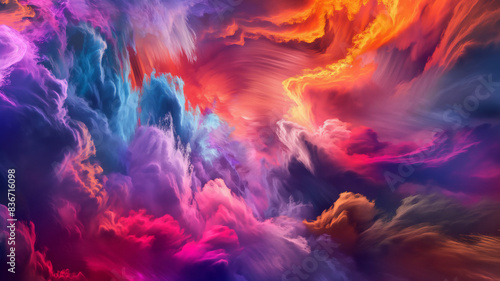 Vibrant, surreal cloudscape with swirling, multicolored clouds in pink, orange, blue, and purple hues. photo