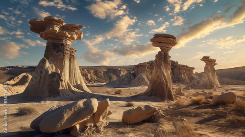 Tall hoodoos and rock formations under a partly cloudy sky, creating a dramatic desert landscape at sunset. photo