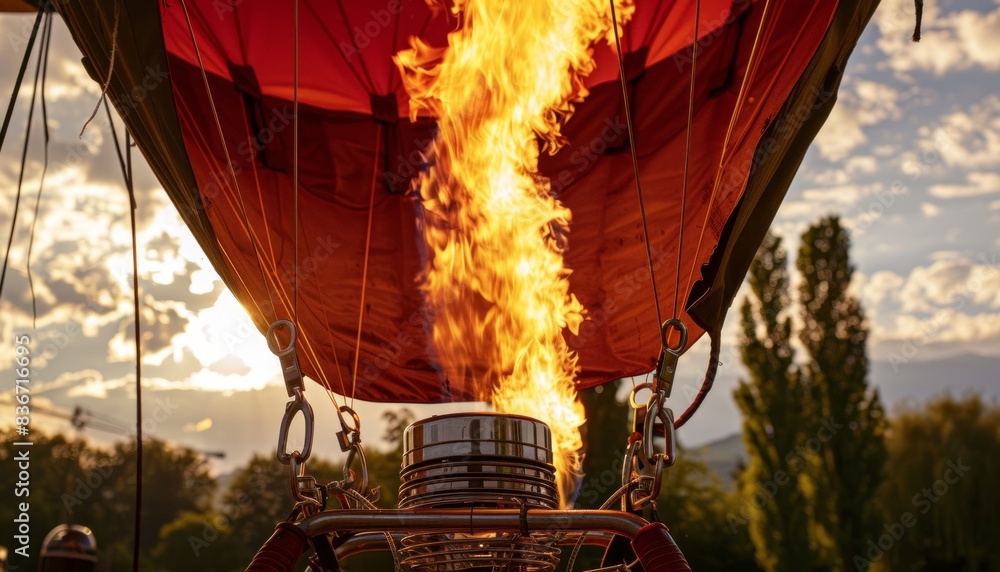 Obraz premium Ethereal Farewell: The Ephemeral Flame of a Departing Hot Air Balloon in Cavriago, Italy