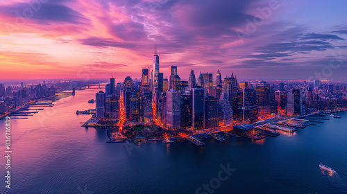 Aerial view of New York City skyline at night. photo