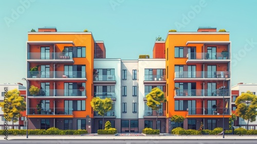 The photo depicts the front of a modern apartment building with orange and white walls and large windows. photo