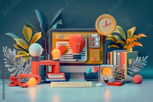 Colorful illustration of an online course platform with elements like books, light bulbs photo
