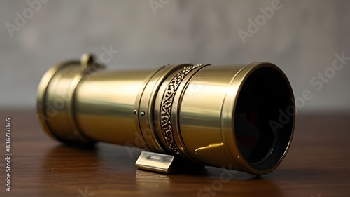 Antique Brass Telescope Resting on a leather-bound atlas, ready for stargazing, Antique Telescope Brass Telescope with Extendable Barr. 
 photo