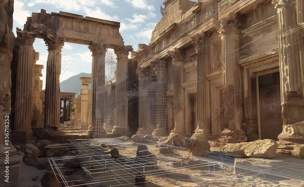 Fototapeta premium Augmented reality (AR) technology used to preserve and explore ancient cultural heritage sites. The AR interface overlays detailed historical information and virtual reconstructions