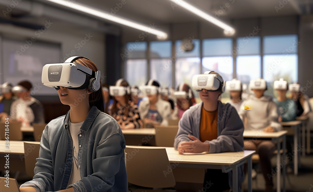 Classroom of students is fully engaged in a modern learning experience, each wearing VR headsets, immersed in an interactive educational environment. Classroom of students is fully engaged in a modern learning experience, each wearing VR headsets, immersed in an interactive educational environment.