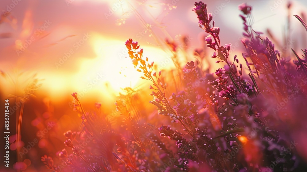 Fototapeta premium Sunrise over a moor with wild heather.