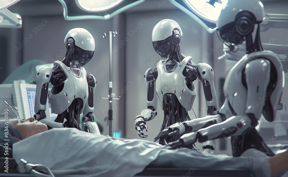 Advanced medical robots assisting in complex surgery. The robots, sleek and equipped with precise, articulate instruments, operate in a modern and sterile room. Advanced medical robots assisting in complex surgery. The robots, sleek and equipped with precise, articulate instruments, operate in a modern and sterile room.
