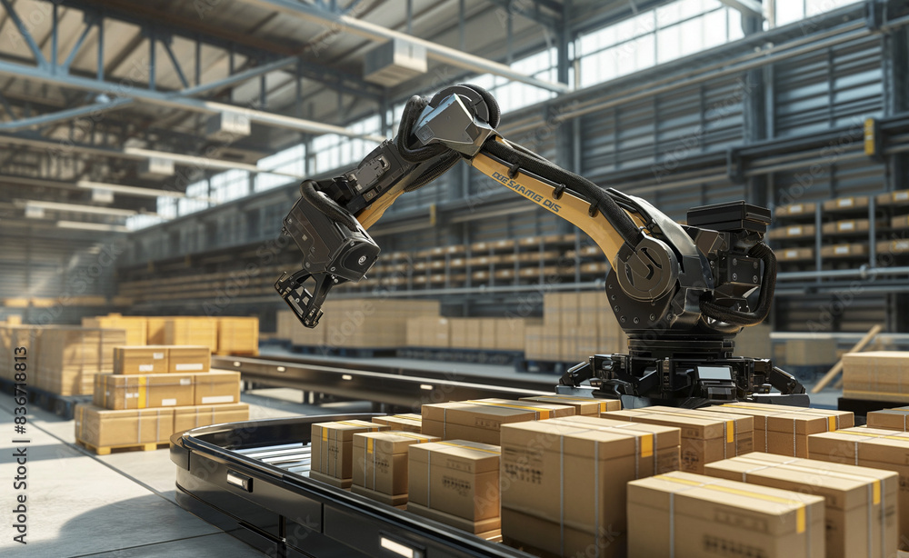 Busy warehouse, automating the unloading and sorting of packages. The photorealistic depiction captures Stretch using its versatile arm to efficiently handle and place large volumes of goods. Busy warehouse, automating the unloading and sorting of packages. The photorealistic depiction captures Stretch using its versatile arm to efficiently handle and place large volumes of goods.