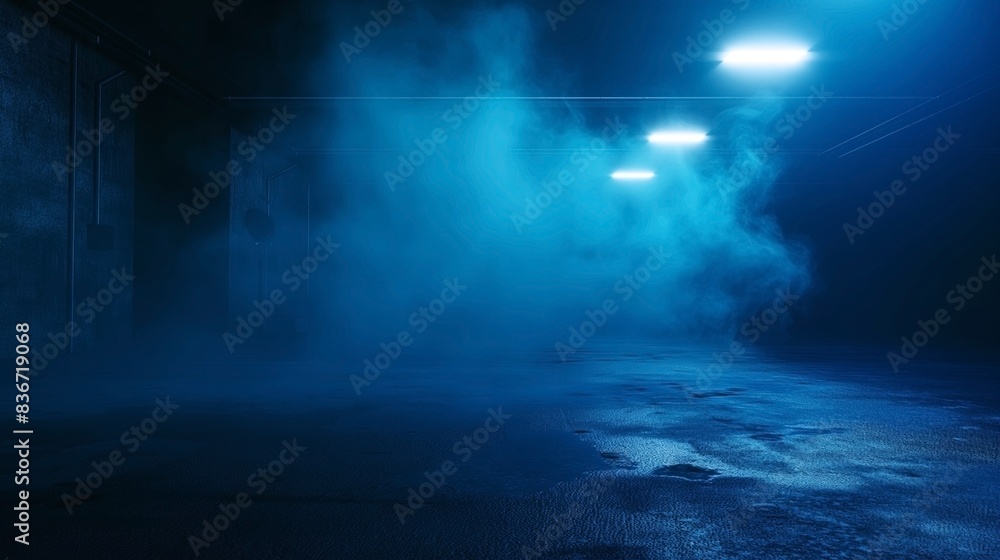 Dimly lit industrial interior with blue fog and bright overhead lights creating an eerie atmosphere in a spacious, empty room. Dimly lit industrial interior with blue fog and bright overhead lights creating an eerie atmosphere in a spacious, empty room.