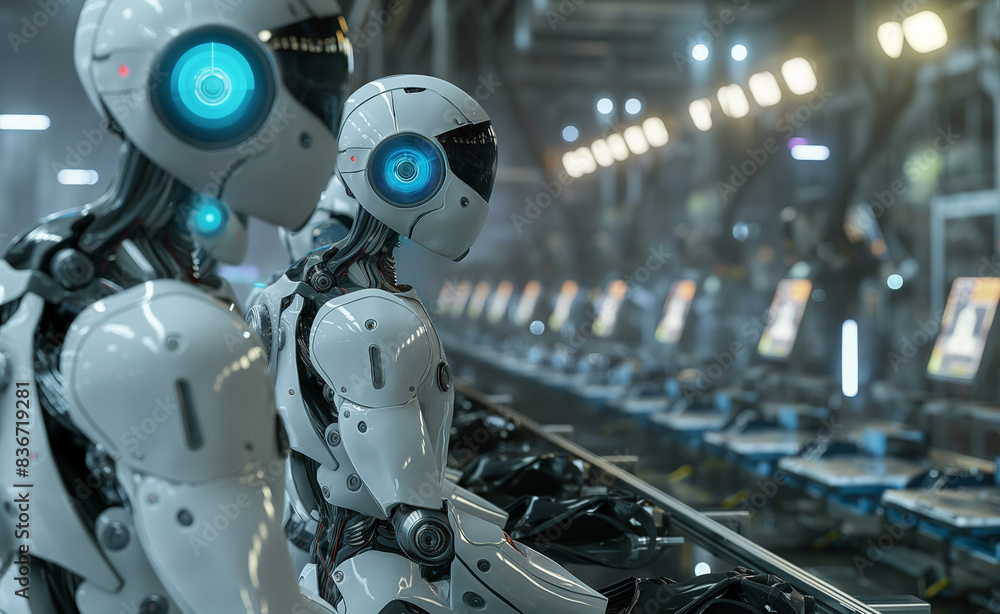 Fototapeta premium Futuristic manufacturing plant where AI-powered robots, equipped with advanced computer vision systems, inspect and assemble products with incredible precision.