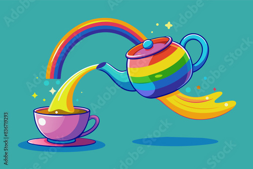 a teapot pouring liquid into a cup, Whimsical teapot with a long spout playfully pouring a rainbow of colored tea into a mismatched teacup