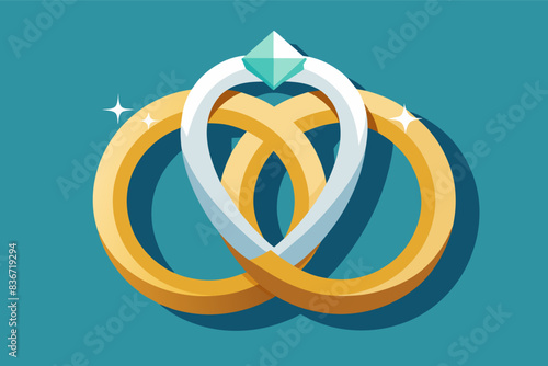 a couple of rings with a heart in the middle, Two wedding rings intertwined, forming a heart shape with a sparkling diamond in the center