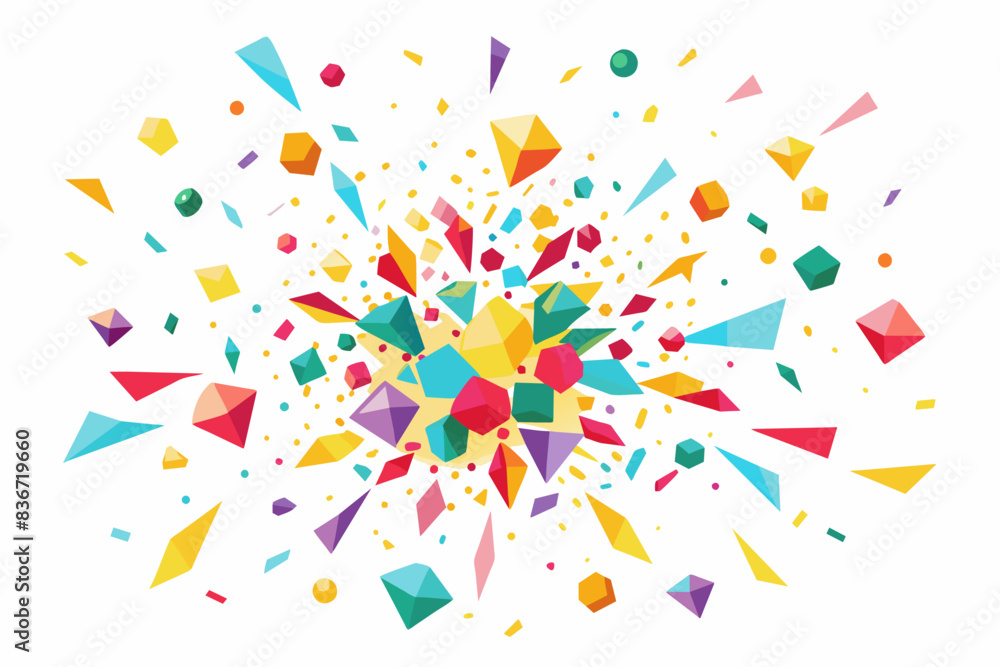 a colorful abstract design with geometric shapes, Confetti explosion rendered in simple geometric shapes on a clean white background a colorful abstract design with geometric shapes, Confetti explosion rendered in simple geometric shapes on a clean white background
