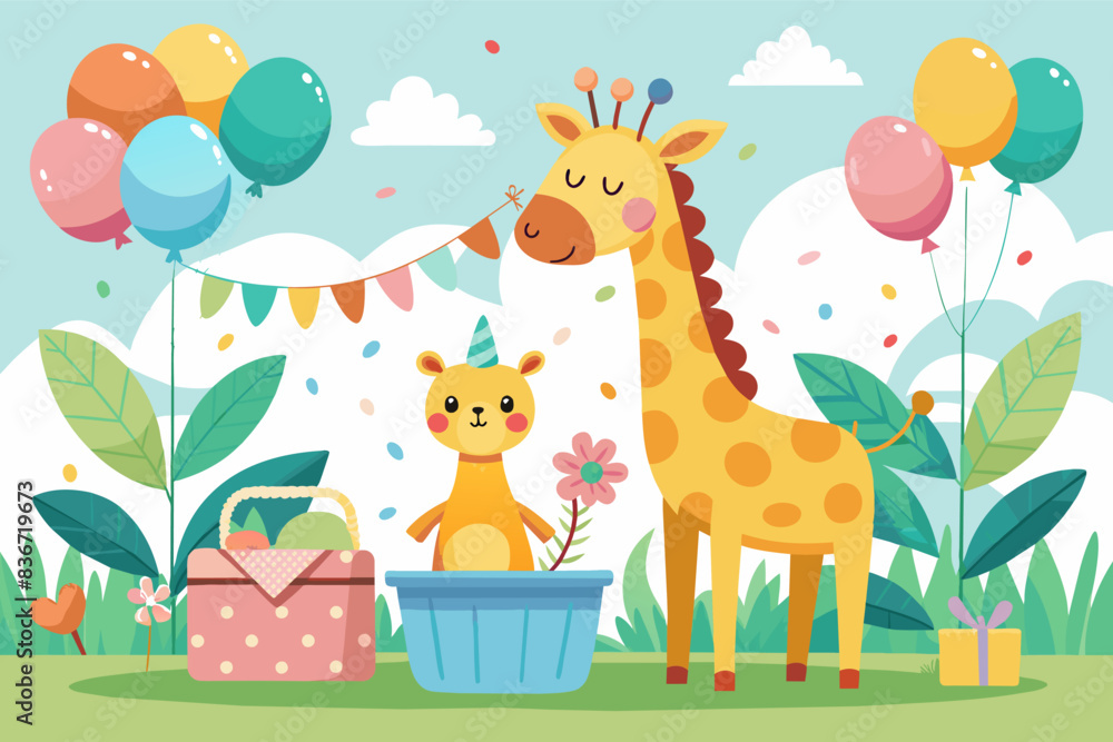 a giraffe and a baby in a basket with balloons, A whimsical baby shower scene with a mama giraffe showering a tiny giraffe with colorful balloons in a whimsical vector style a giraffe and a baby in a basket with balloons, A whimsical baby shower scene with a mama giraffe showering a tiny giraffe with colorful balloons in a whimsical vector style