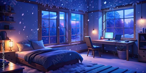 Cozy lo-fi anime style bedroom computer scene with snow storm outside, featuring a chatbot title overlay and animated virtual backgrounds photo