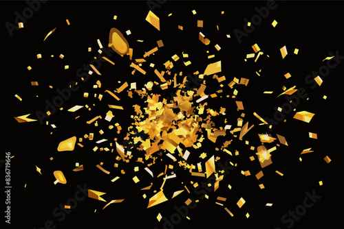 a black background with a gold explosion, Confetti explosion rendered in metallic gold flakes on a black background