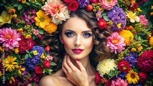 Beautiful woman surrounded by colorful flowers © tammanoon