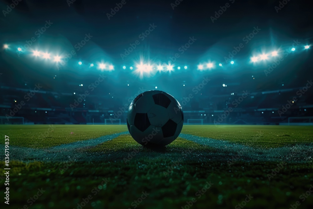 Naklejka premium soccer ball on grass field in stadium