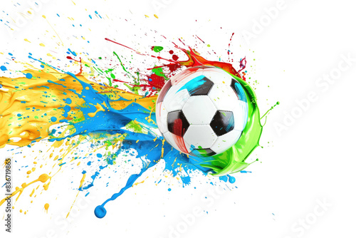 soccer ball splashing into color paint, isolated on white or transparent png