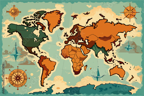a map of the world with a compass, A vintage world map with faded colors and antique illustrations