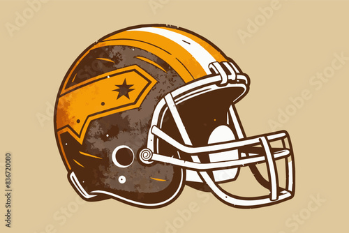 a football helmet with a star on it, A vintage football helmet with a classic team logo and weathered leather