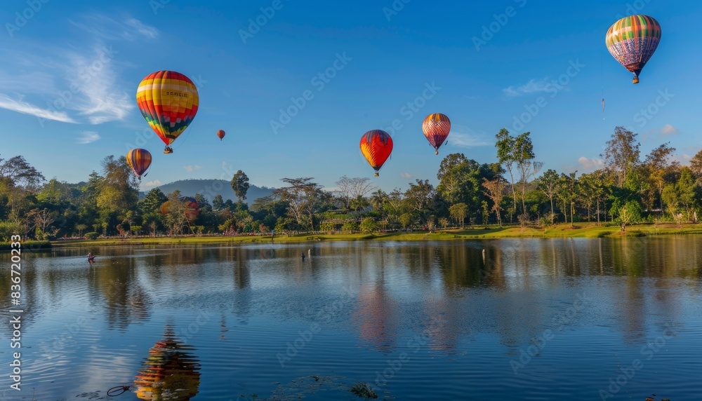 Fototapeta premium Magical Moments: Hot Air Balloons Soar Above Singha Park in Chiang Rai, Thailand