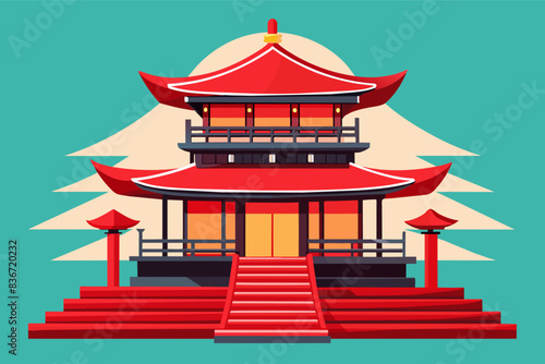 a pagoda with a green roof and a red roof, A traditional Japanese pagoda with a red roof, adding an Asian aesthetic