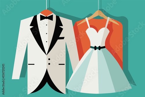 a wedding dress and tuxedo hanging on a rack, A tuxedo jacket and a flowing white wedding dress hanging side-by-side on a vintage hanger