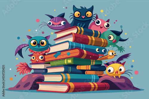 a pile of books with a cat and other cartoon characters, A stack of overflowing books with fantastical creatures peeking out, ideal for educational clipart
