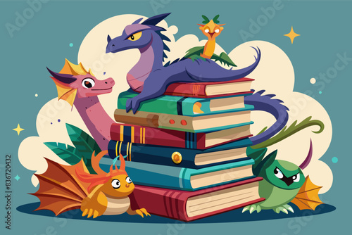 a pile of books with a cat and other cartoon characters, A stack of overflowing books with fantastical creatures peeking out, ideal for educational clipart