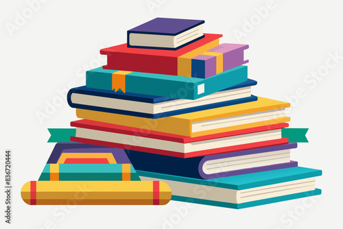 a pile of books with a book bag on top, A stack of colorful books with different shapes and sizes, alluding to a diverse range of knowledge