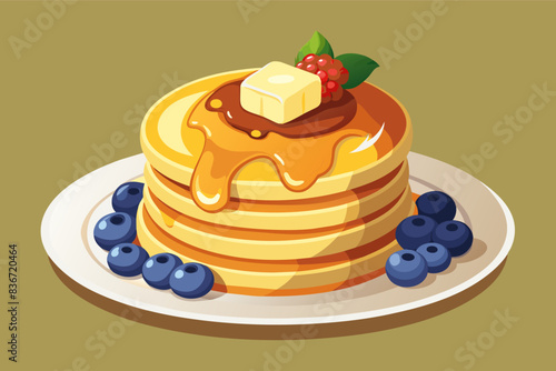 a plate of pancakes with syrup and blueberries, A stack of fluffy pancakes with butter, maple syrup, and fresh berries