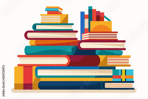 a pile of books with a book bag on top, A stack of colorful books with different shapes and sizes, alluding to a diverse range of knowledge