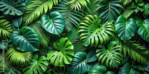 Lush green tropical foliage and vibrant floral background with monstera leaves