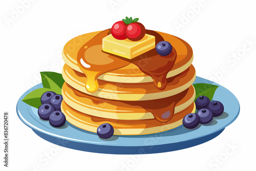 a plate of pancakes with syrup and blueberries, A stack of fluffy pancakes with butter, maple syrup, and fresh berries