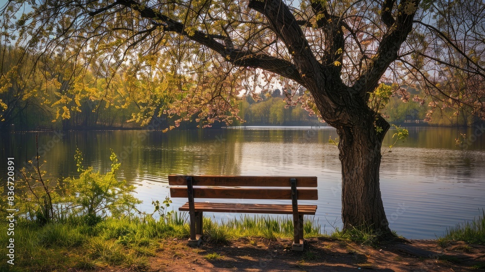 Bench near a tree beside a lake during spring Bench near a tree beside a lake during spring